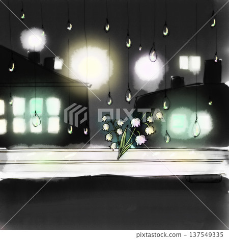 Raindrop-shaped light bulbs and lily of the valley illuminated by streetlights 137549335