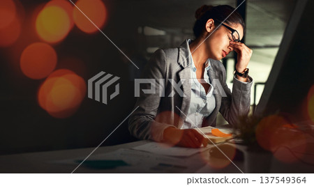 Business, night and woman with a headache, overlay and overworked with financial audit, tax and pain. Person, employee and worker with a migraine, tired and burnout with stress, dark and frustrated Business, night and woman with a headache, overlay and overworked with financial audit, tax and pain. Person, employee and worker with a migraine, tired and burnout with stress, dark and frustrated 137549364