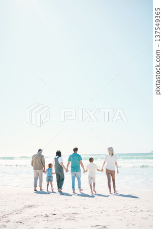 Big family, beach and summer vacation on mockup in travel, outdoor holiday or together on sunny day. Rear view of parents, grandparents or kids on ocean coast in fun bonding or break at sea in nature Big family, beach and summer vacation on mockup in travel, outdoor holiday or together on sunny day. Rear view of parents, grandparents or kids on ocean coast in fun bonding or break at sea in nature 137549365