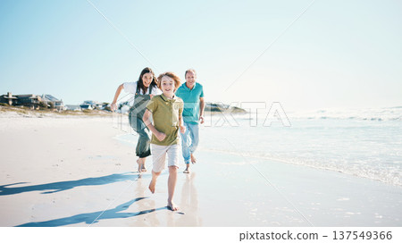 Running, travel and happy with family on beach for energy, freedom and summer vacation. Love, relax and adventure with people playing on seaside holiday for health, bonding and games together Running, travel and happy with family on beach for energy, freedom and summer vacation. Love, relax and adventure with people playing on seaside holiday for health, bonding and games together 137549366