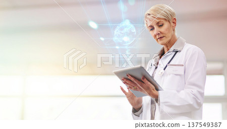 Woman, doctor and tablet with global hologram, digital transformation and healthcare tech innovation. Analysis, overlay and mockup space, senior with 3D and online hospital system for future health Woman, doctor and tablet with global hologram, digital transformation and healthcare tech innovation. Analysis, overlay and mockup space, senior with 3D and online hospital system for future health 137549387