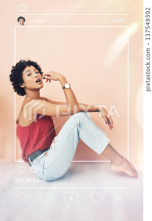 Social media, influencer and post with portrait of woman for content creator, frame and networking. Internet, update and profile picture with person and photography at home for fashion and overlay 137549392