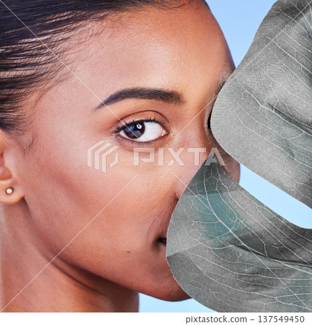 Skincare, leaf and portrait of woman in studio for eco friendly, wellness or cosmetics on blue background. Monstera, face and female model with natural dermatology, beauty or organic care routine 137549450