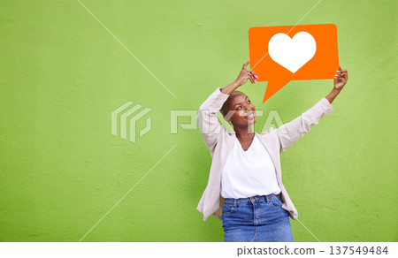 Speech bubble icon, black woman or social media heart emoji for love feedback, sms notification or communication. Opinion poster, mockup advertising space and user voice sign on green background wall Speech bubble icon, black woman or social media heart emoji for love feedback, sms notification or communication. Opinion poster, mockup advertising space and user voice sign on green background wall 137549484