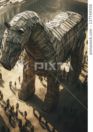 Trojan War depiction featuring a massive wooden horse viewed from above during a historic battle 137549508