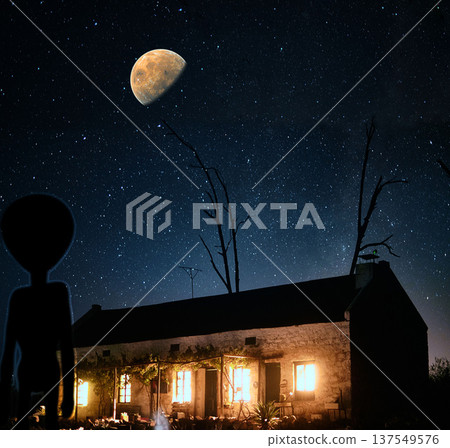 Cabin, nature and sky outdoor at night for travel, holiday and luxury in countryside with landscape background. Vacation, real estate and freedom in Canada in summer for peace, hospitality and relax Cabin, nature and sky outdoor at night for travel, holiday and luxury in countryside with landscape background. Vacation, real estate and freedom in Canada in summer for peace, hospitality and relax 137549576