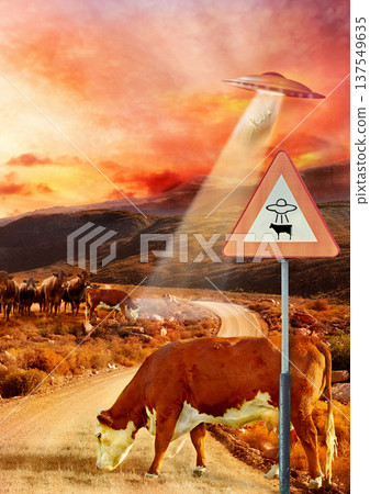 Ufo, spaceship light and cow abduction in countryside for mission, science fiction and fantasy in sky. Spacecraft, field and flying saucer from outer space for invasion, futuristic and mystery 137549635