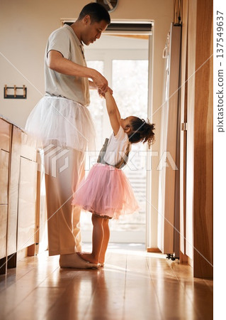 Dance, ballet and help with father and daughter for learning, support and love. Music, holding hands and youth with man and young girl in family home for teaching, creative and princess together Dance, ballet and help with father and daughter for learning, support and love. Music, holding hands and youth with man and young girl in family home for teaching, creative and princess together 137549637