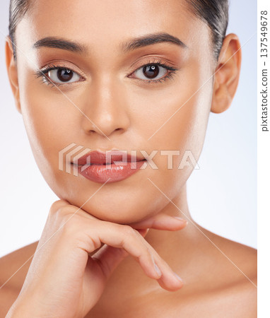 Beauty, makeup and cosmetics with portrait of woman in studio for product, glow and self care. Face health, natural skincare and dermatology with person on white background for facial and salon Beauty, makeup and cosmetics with portrait of woman in studio for product, glow and self care. Face health, natural skincare and dermatology with person on white background for facial and salon 137549678