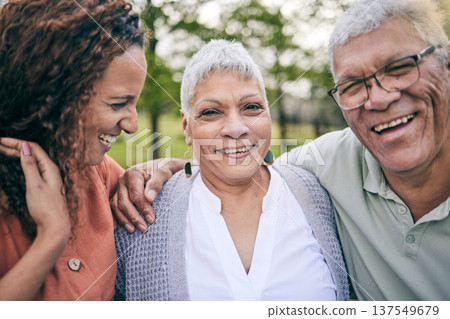 Elderly parents, happy woman or portrait at park with love, care and bond laughing on outdoor travel. Senior father, mature mother or face of funny adult daughter in nature on family holiday together Elderly parents, happy woman or portrait at park with love, care and bond laughing on outdoor travel. Senior father, mature mother or face of funny adult daughter in nature on family holiday together 137549679