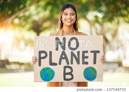 Woman, poster and climate change sign at park for earth, environment and green or eco friendly protest. Young person in portrait and nature, planet or globe support for sustainable world and action Woman, poster and climate change sign at park for earth, environment and green or eco friendly protest. Young person in portrait and nature, planet or globe support for sustainable world and action 137549735