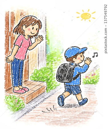 A mother seeing her child off at the entrance A mother seeing her child off at the entrance 137549792