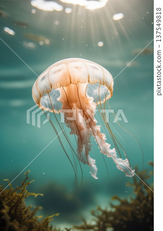 Jellyfish Swimming Underwater With Sun Rays. AI Generated 137549818