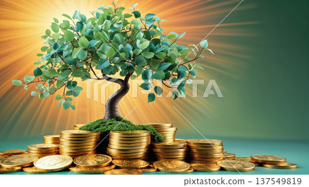 Money Tree Growing From Gold Coins. AI Generated 137549819