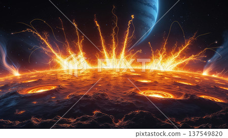 Epic Alien Planet Surface Volcanic Eruption. AI Generated 137549820