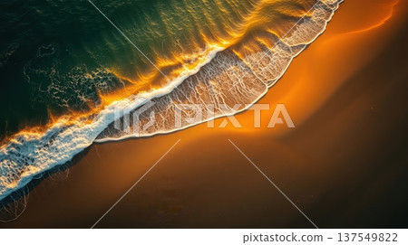 Golden Sunset Waves On Dark Sand. AI Generated 137549822