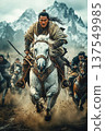Chinese ancient warriors gallop on horseback in battle across a field against snow capped mountains 137549985
