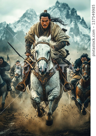 Chinese ancient warriors gallop on horseback in battle across a field against snow capped mountains Chinese ancient warriors gallop on horseback in battle across a field against snow capped mountains 137549985