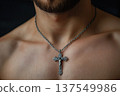 Christian pectoral cross hanging from chain on believer's chest in a solemn moment 137549986
