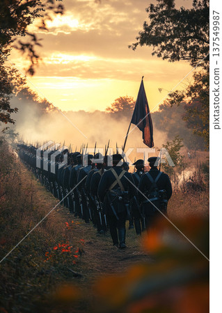Marching soldiers prepare for battle at Gettysburg during the American Civil War Marching soldiers prepare for battle at Gettysburg during the American Civil War 137549987