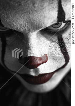 Chilling close up of a terrifying clown with eerie expression and dark background under dim light Chilling close up of a terrifying clown with eerie expression and dark background under dim light 137549989