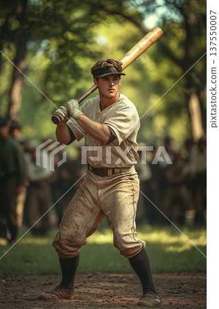Baseball player prepares to swing at a pitch on a sunny day in a historic setting 137550007
