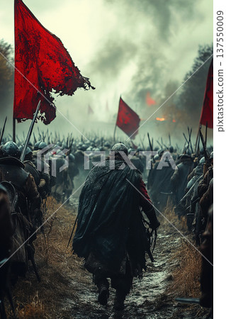 Slavic heroes prepare for battle at a fortress as warriors march towards conflict 137550009