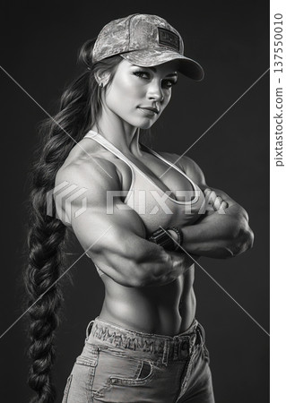 Strong bodybuilder woman posing confidently at a competition venue in black and white setting 137550010