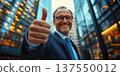 Businessman gives thumbs up in modern city with mirrored skyscrapers. Header banner mockup with copy space. 137550012