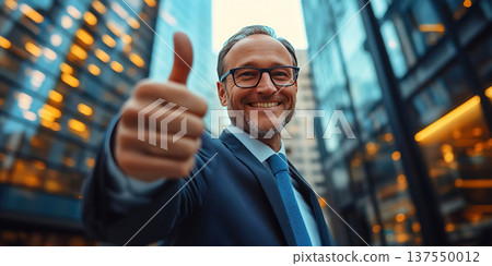 Businessman gives thumbs up in modern city with mirrored skyscrapers. Header banner mockup with copy space. Businessman gives thumbs up in modern city with mirrored skyscrapers. Header banner mockup with copy space. 137550012