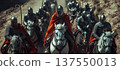 Knights on horseback advance towards a fortress during a crusade in an aerial view. Header banner mockup with copy space. 137550013