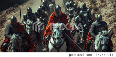 Knights on horseback advance towards a fortress during a crusade in an aerial view. Header banner mockup with copy space. Knights on horseback advance towards a fortress during a crusade in an aerial view. Header banner mockup with copy space. 137550013
