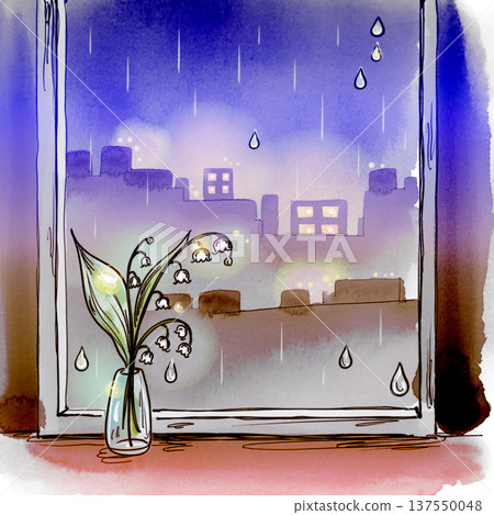 A beautiful sky just after the rain and lily of the valley standing on the windowsill 137550048