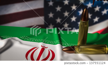 Iran Flag With Bullets and Barbed Wire Against Blurred United States Flag Political Conflict Concept 3d render. Iran Flag With Bullets and Barbed Wire Against Blurred United States Flag Political Conflict Concept 3d render. 137551124