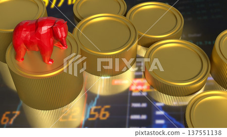 Red Bear On Gold Coins Stock Market Downtrend Concept 3d render. Red Bear On Gold Coins Stock Market Downtrend Concept 3d render. 137551138