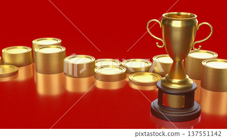 Golden Trophy With Stacked Coins Financial Success And Investment Victory Concept 3d render. 137551142