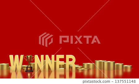 Golden Winner Text With Trophy And Coins Success Concept 3d render. 137551148