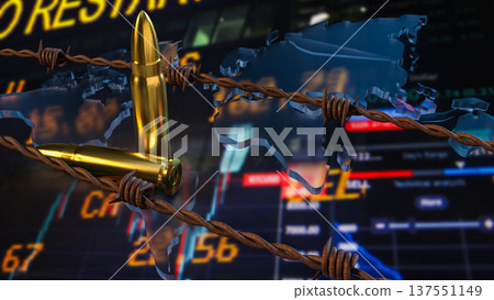 Global Conflict And Economic Crisis Concept With Bullets And World Map 3d render. Global Conflict And Economic Crisis Concept With Bullets And World Map 3d render. 137551149