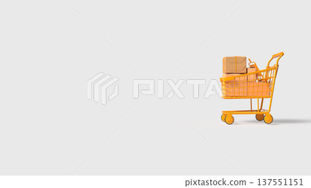 Yellow Shopping Cart Filled With Packages Online Shopping Delivery Concept 3d render. Yellow Shopping Cart Filled With Packages Online Shopping Delivery Concept 3d render. 137551151
