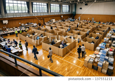 疏散中心全景，體育館內排列紙板隔板。 137551213