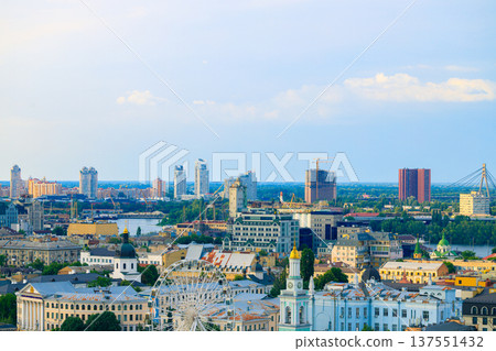 Kyiv capital of Ukraine city scape wide angle panorama living district buildings along Dnieper river aerial drone photography top view Kyiv capital of Ukraine city scape wide angle panorama living district buildings along Dnieper river aerial drone photography top view 137551432
