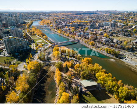 Aerial view of Princes Island Park and downtown Calgary in autumn colors. Canada Aerial view of Princes Island Park and downtown Calgary in autumn colors. Canada 137551460