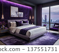 Modern Luxury Bedroom Interior with Purple Lighting and City View 137551731