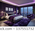 Modern Luxury Bedroom Interior with Purple Lighting and City View 137551732