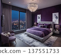 Modern Luxury Bedroom Interior with Purple Lighting and City View 137551733