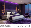 Modern Luxury Bedroom Interior with Purple Lighting and City View 137551734