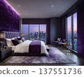 Modern Luxury Bedroom Interior with Purple Lighting and City View 137551736