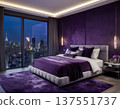 Modern Luxury Bedroom Interior with Purple Lighting and City View 137551737