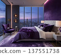 Modern Luxury Bedroom Interior with Purple Lighting and City View 137551738