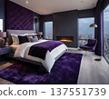 Modern Luxury Bedroom Interior with Purple Lighting and City View 137551739